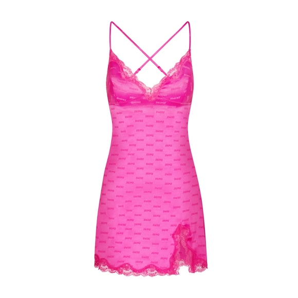 2. NWT SKIMS JACQUARD LACE SLIP DRESS IN HOT PINK - Picture 1 of 7